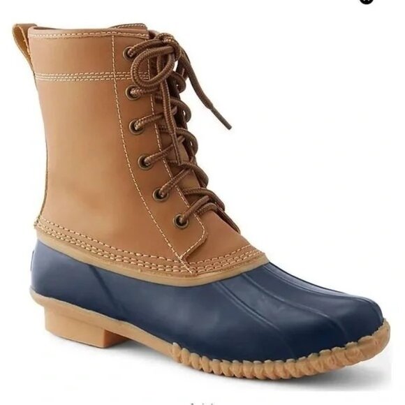 Lands End Rubber Duck Boots Waterproof 7 Brown Blue Lace Up Spring Leather - Picture 9 of 9